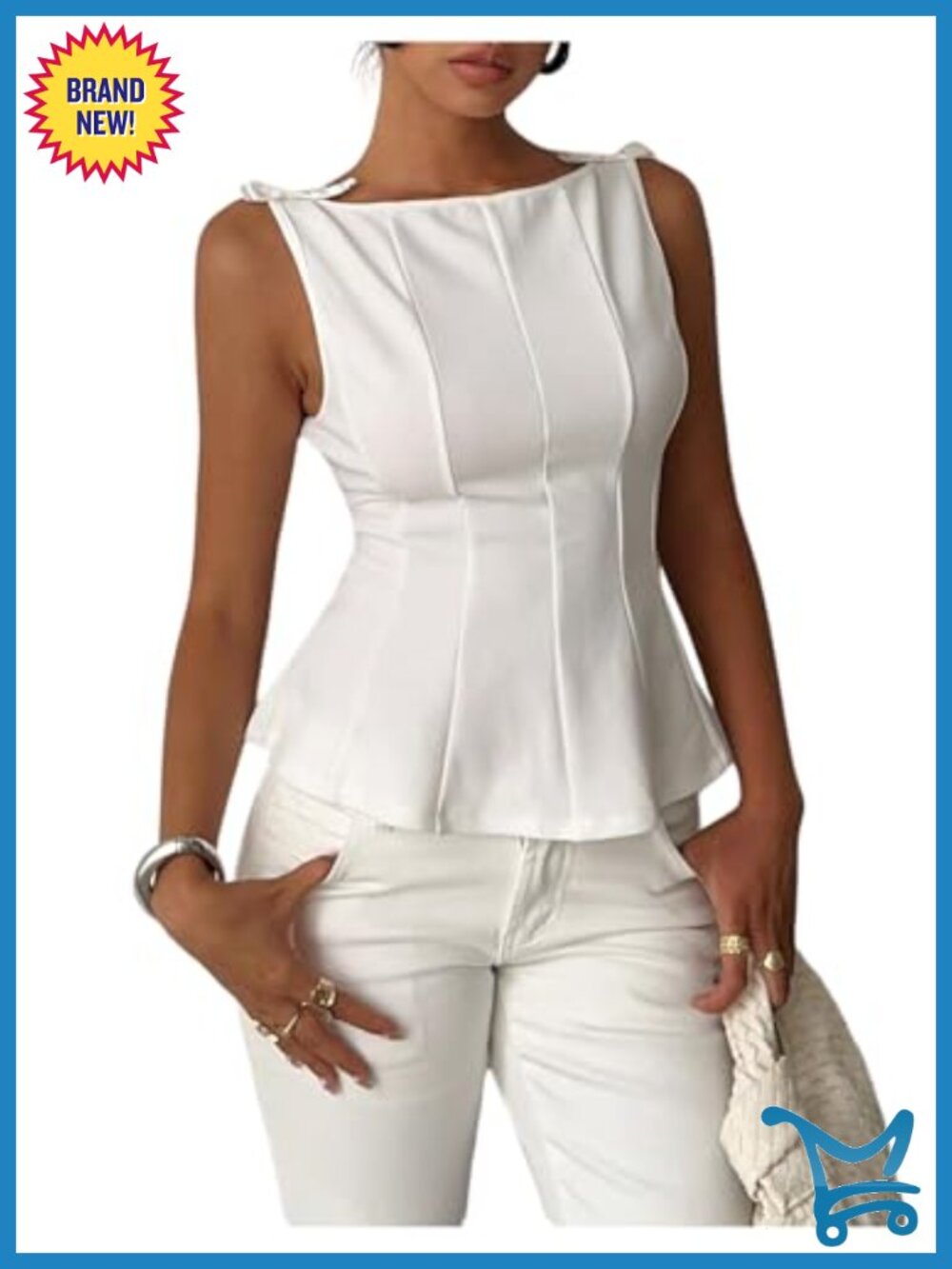 Women's Sleeveless Peplum Tank Top with Bow Ruffle Hem Boat Neck